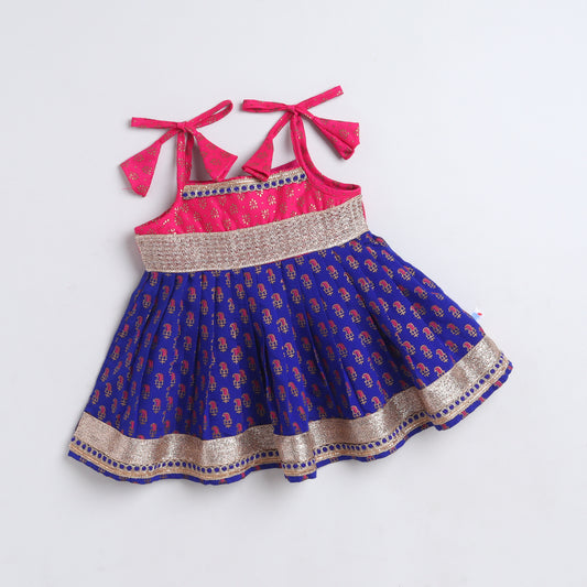Many Frocks & Chanderi Sleeveless Printed Lace Embellished Knee Length Flared Baby Jhabla Ethnic Dress -  Blue & Pink