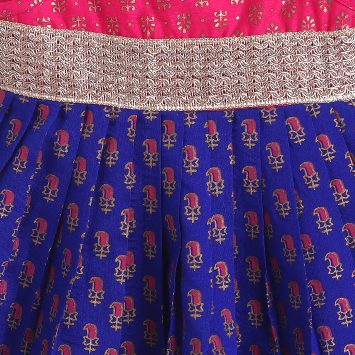 Many Frocks & Chanderi Sleeveless Printed Lace Embellished Knee Length Flared Baby Jhabla Ethnic Dress -  Blue & Pink