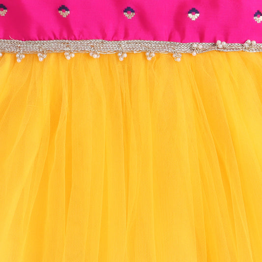 Many Frocks & Net Sleeveless Lace Embellished Knee Length Yoke Baby Jhabla Ethnic Dress - Yellow & Pink