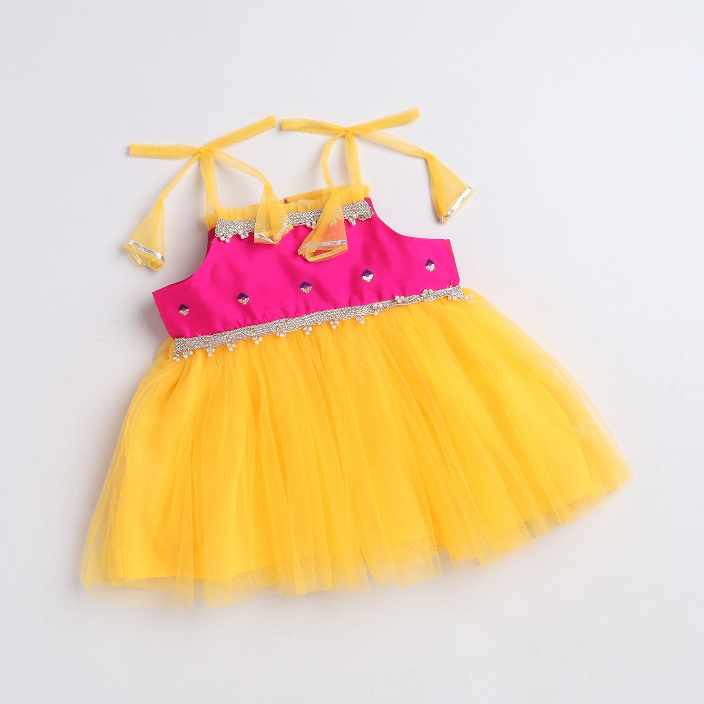 Many Frocks & Net Sleeveless Lace Embellished Knee Length Yoke Baby Jhabla Ethnic Dress - Yellow & Pink