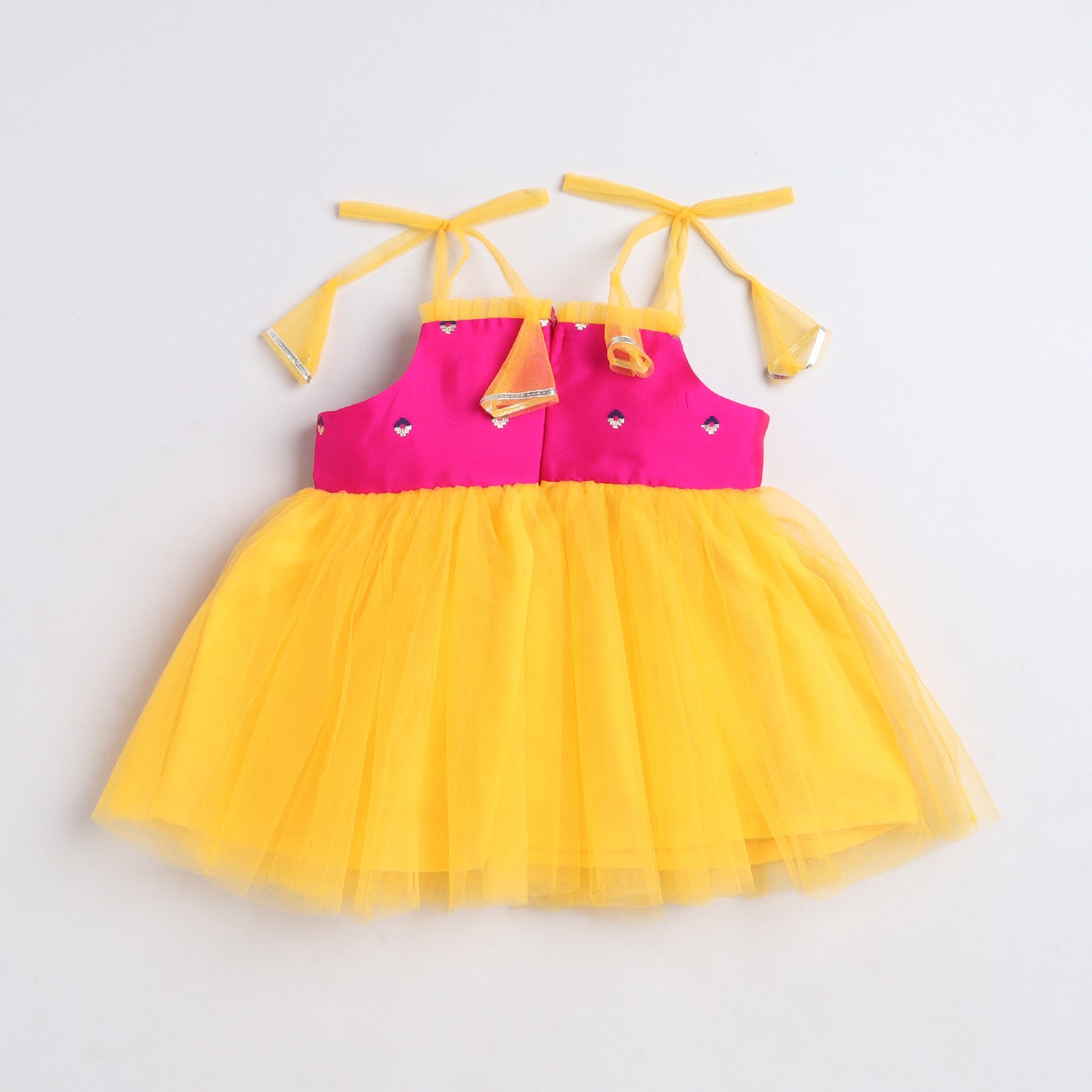 Many Frocks & Net Sleeveless Lace Embellished Knee Length Yoke Baby Jhabla Ethnic Dress - Yellow & Pink