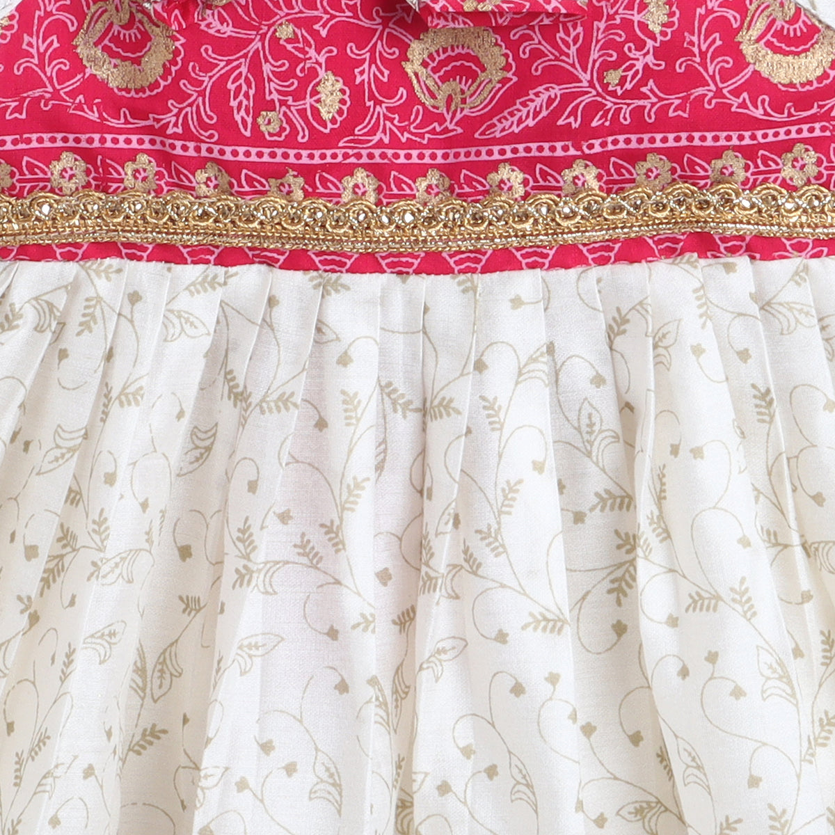 Many Frocks & Chanderi Sleeveless Printed Lace Embellished Knee Length Flared Baby Jhabla Ethnic Dress - Off White & Pink