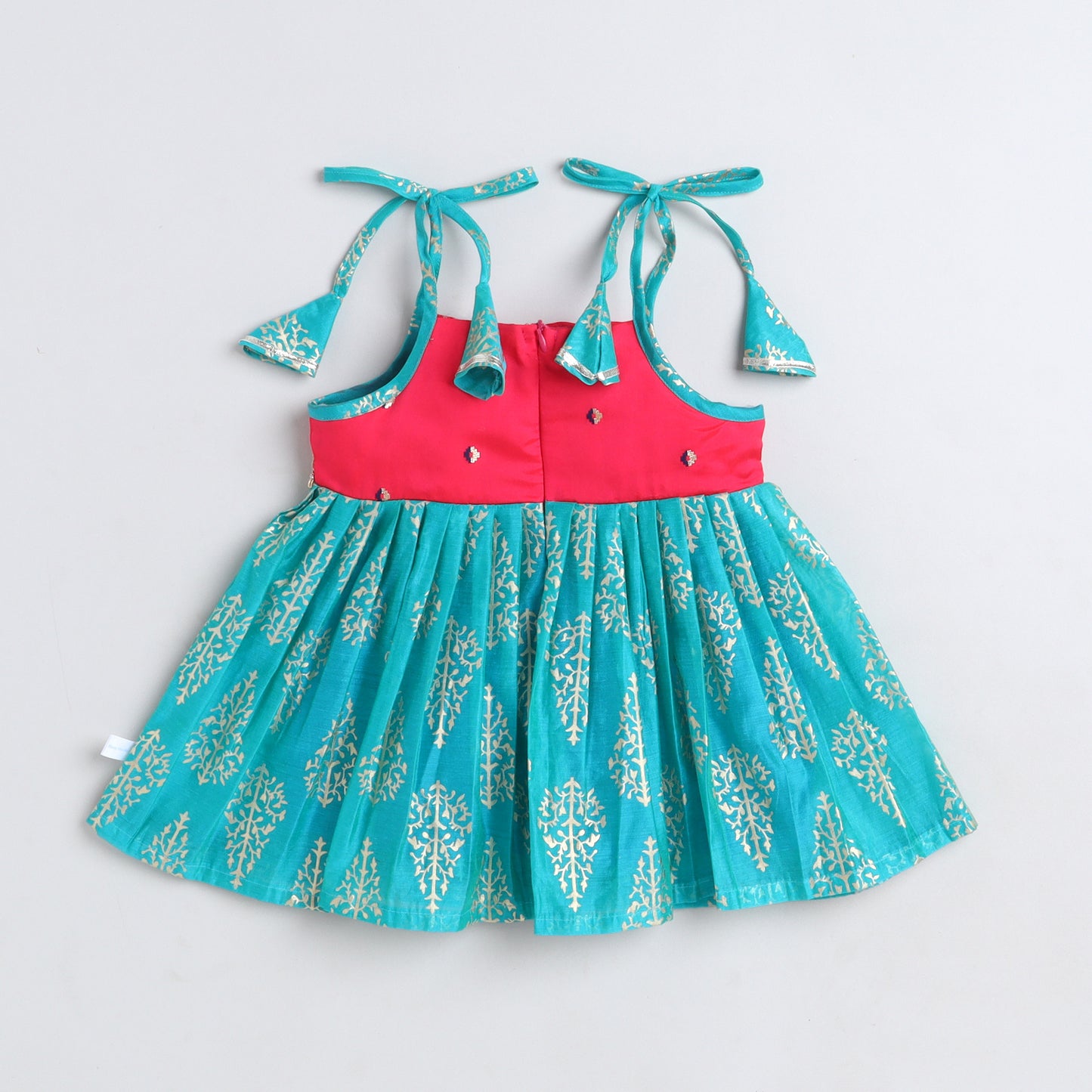 Many Frocks & Chanderi Sleeveless Foil Printed Lace Embellished Knee Length Flared Baby Jhabla Ethnic Dress -  Blue & Pink