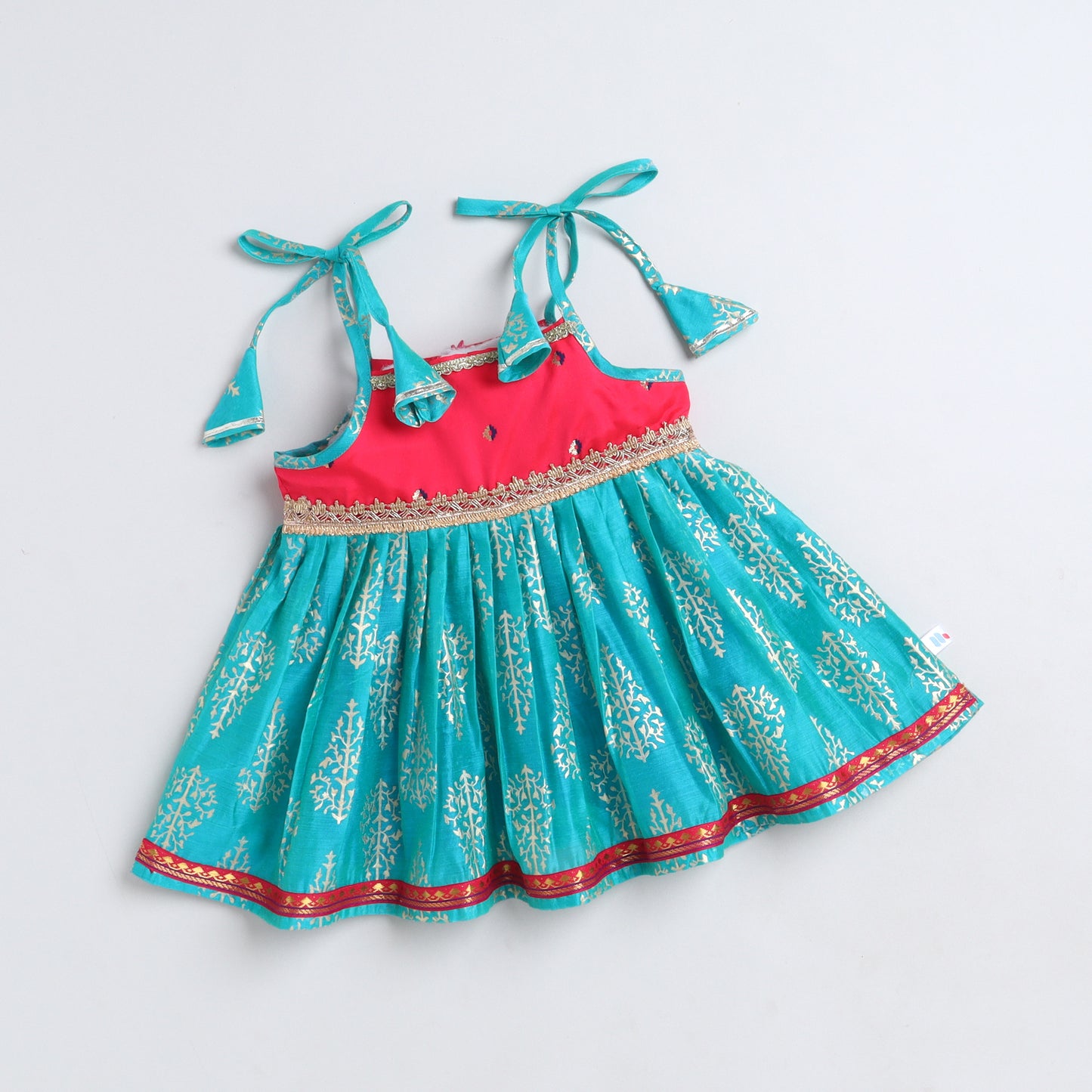 Many Frocks & Chanderi Sleeveless Foil Printed Lace Embellished Knee Length Flared Baby Jhabla Ethnic Dress -  Blue & Pink