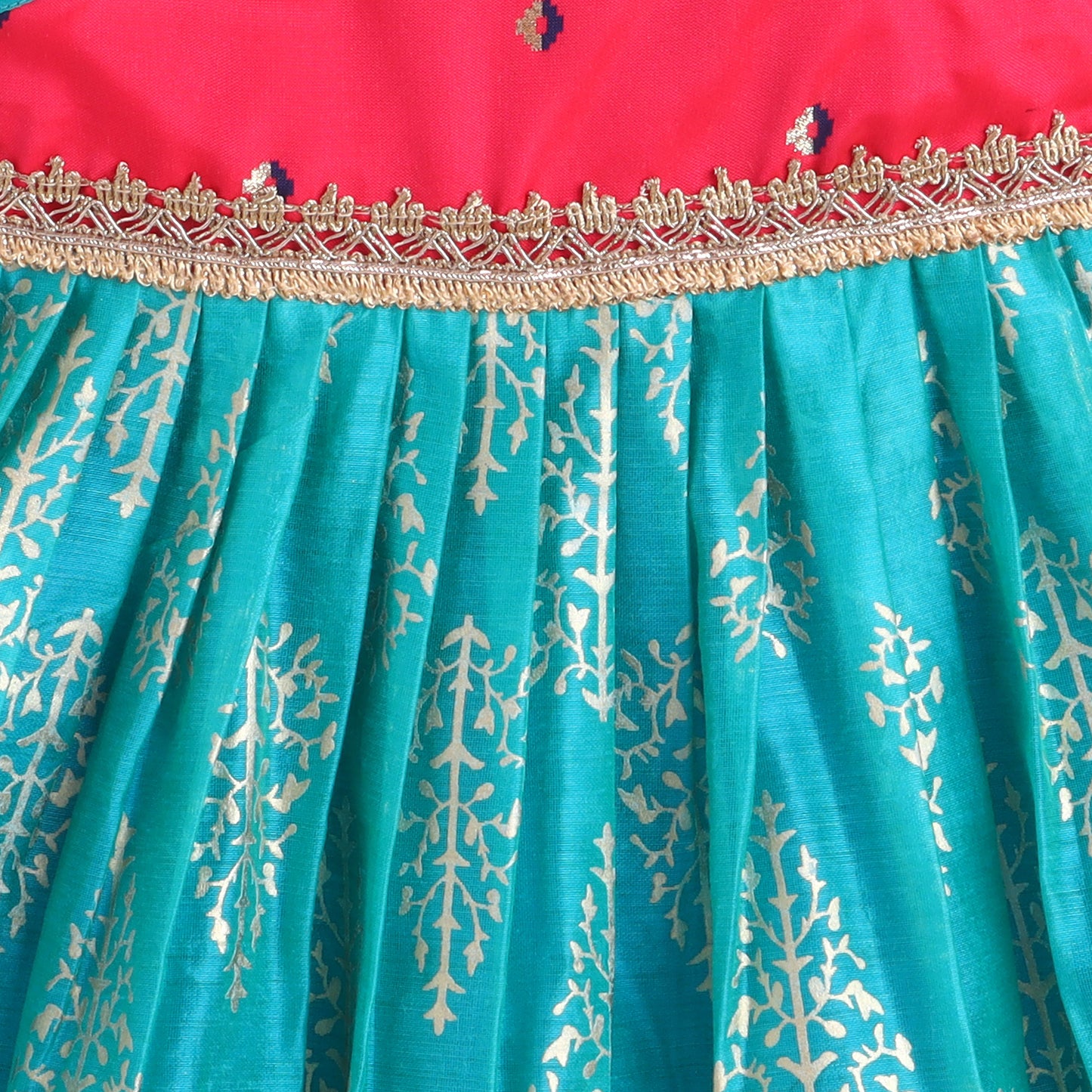 Many Frocks & Chanderi Sleeveless Foil Printed Lace Embellished Knee Length Flared Baby Jhabla Ethnic Dress -  Blue & Pink