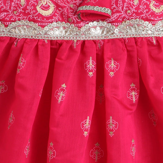 Many Frocks & Chanderi Sleeveless Lace Embellished Knee Length Baby Jhabla Ethnic Dress-Pink