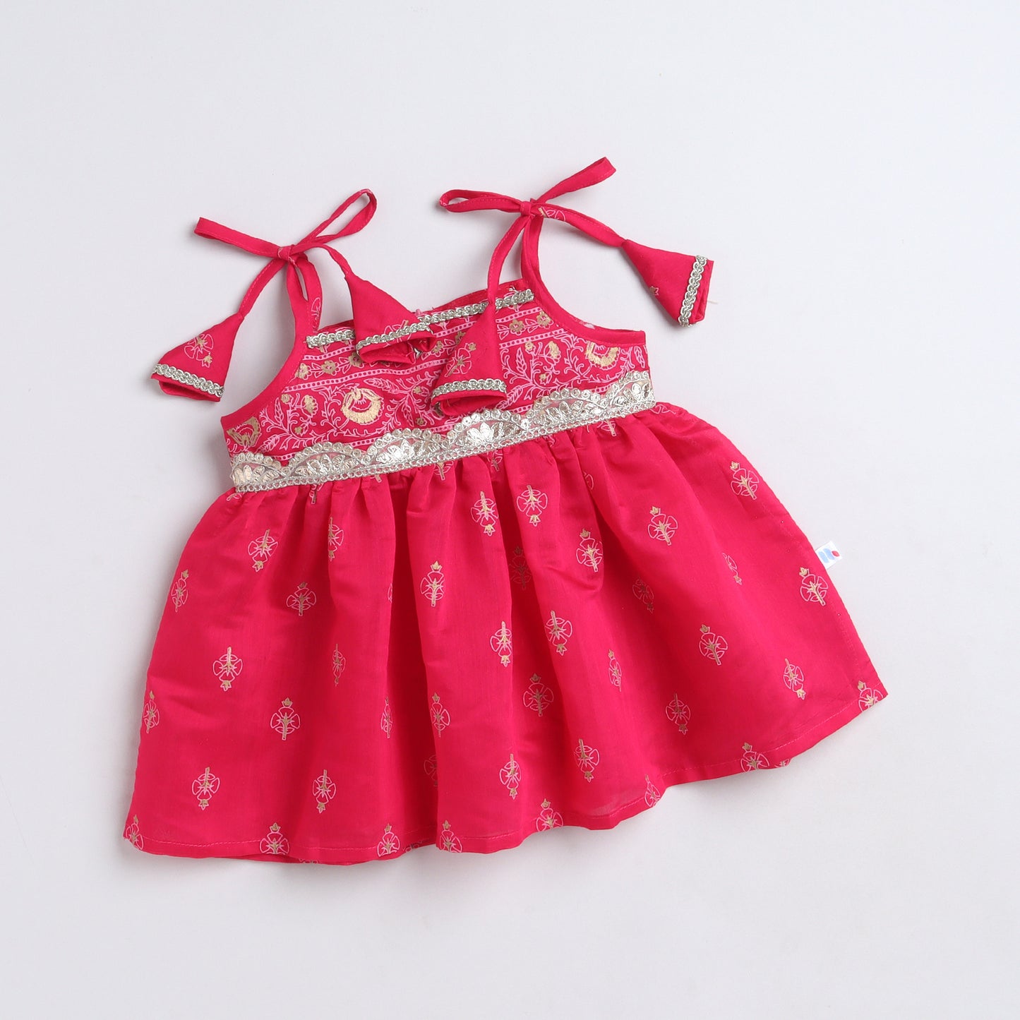 Many Frocks & Chanderi Sleeveless Lace Embellished Knee Length Baby Jhabla Ethnic Dress-Pink