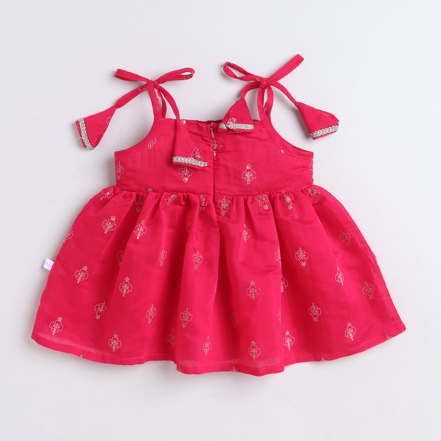 Many Frocks & Chanderi Sleeveless Lace Embellished Knee Length Baby Jhabla Ethnic Dress-Pink