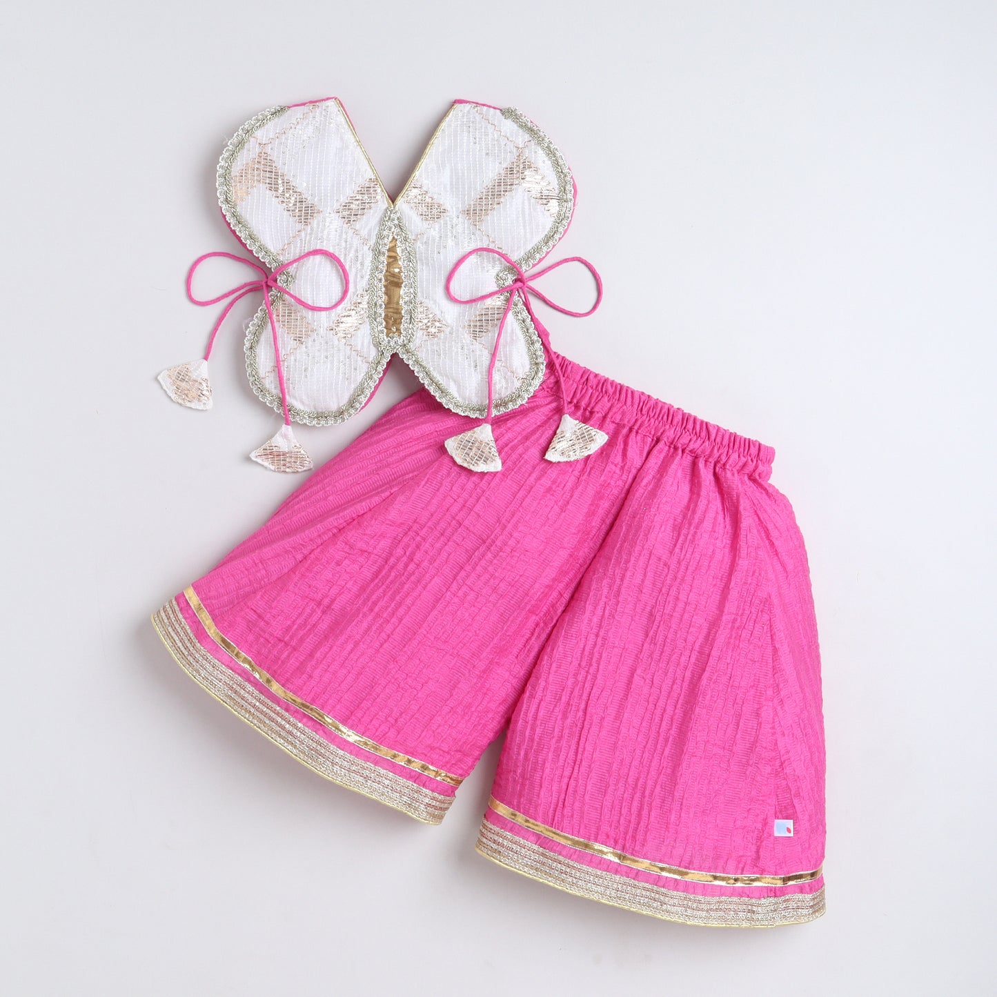 Many Frocks & Chanderi & Crepe Sleeveless Gota Lace Embellished Full Length Butterfly Palazzo Set - Off White &amp; Pink