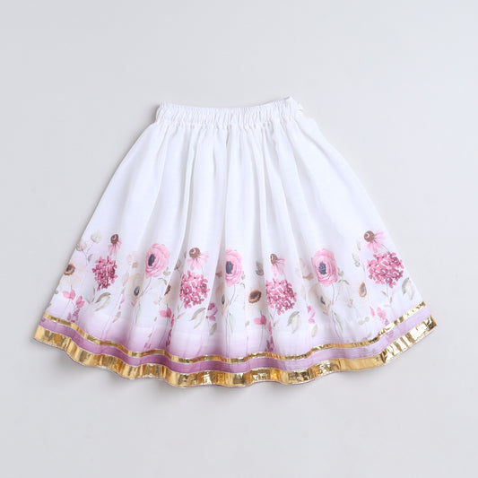 Many Frocks & Georgette Sleeveless Gota Lace Embellished Floral Printed Full Length Lehenga Choli Dupatta Set - Off White & Pink