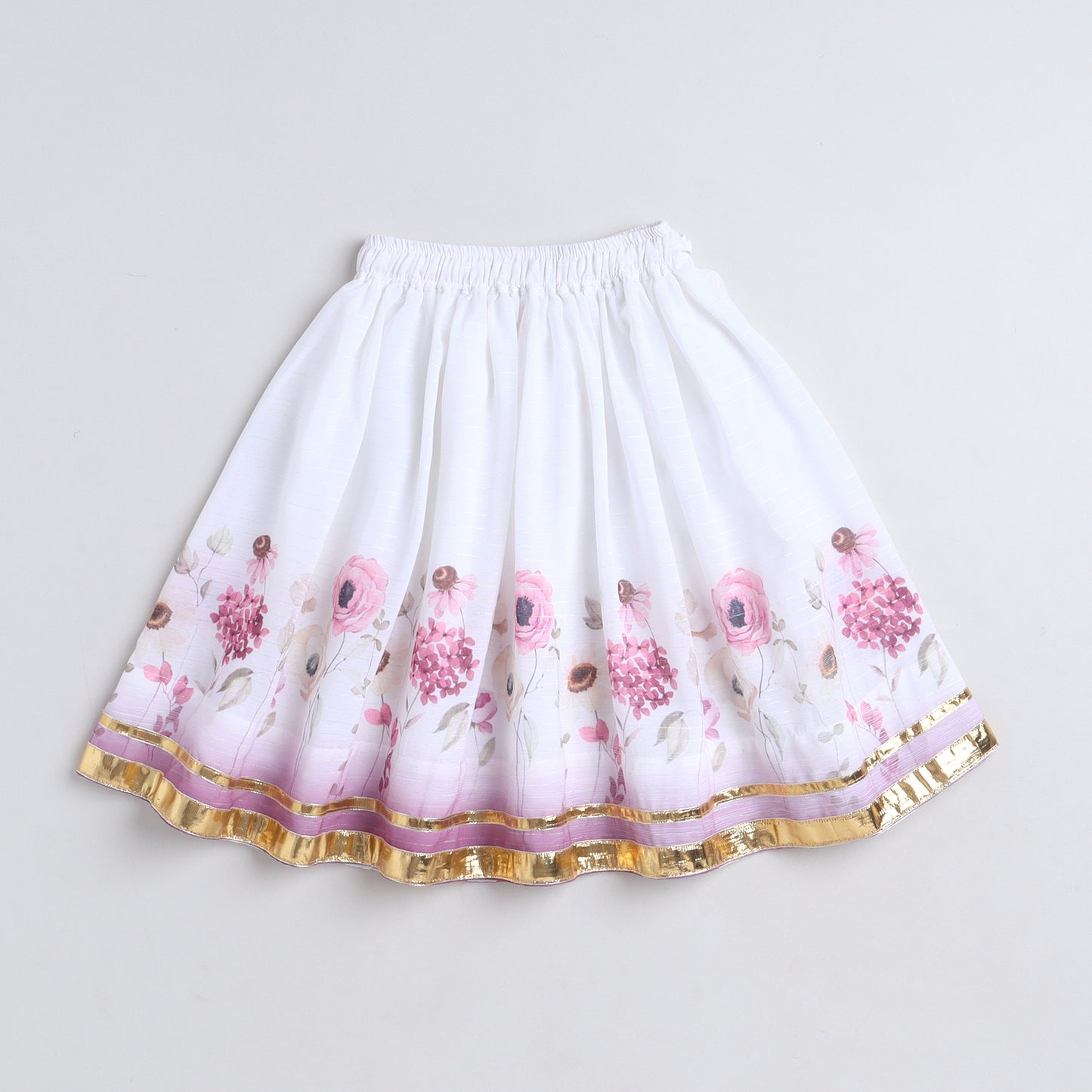 Many Frocks & Georgette Sleeveless Gota Lace Embellished Floral Printed Full Length Lehenga Choli Dupatta Set - Off White & Pink