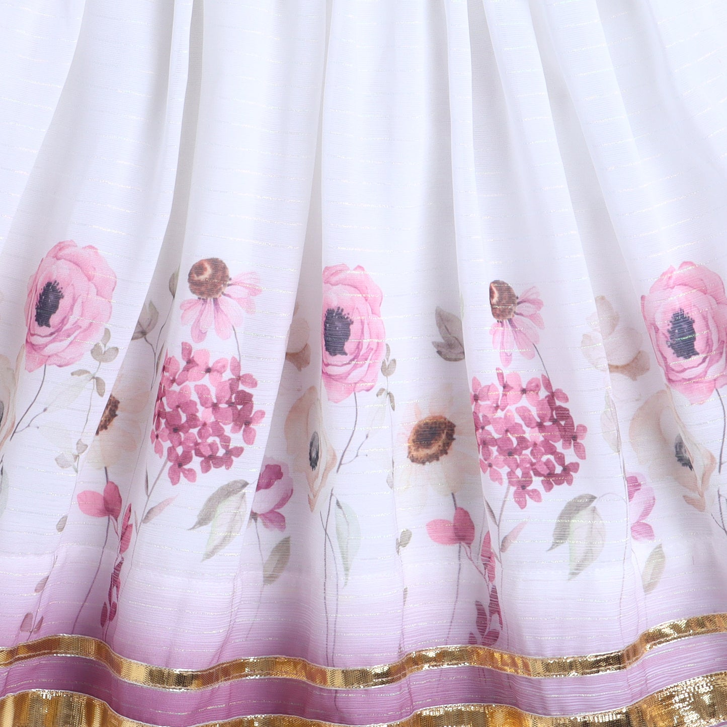 Many Frocks & Georgette Sleeveless Gota Lace Embellished Floral Printed Full Length Lehenga Choli Dupatta Set - Off White & Pink
