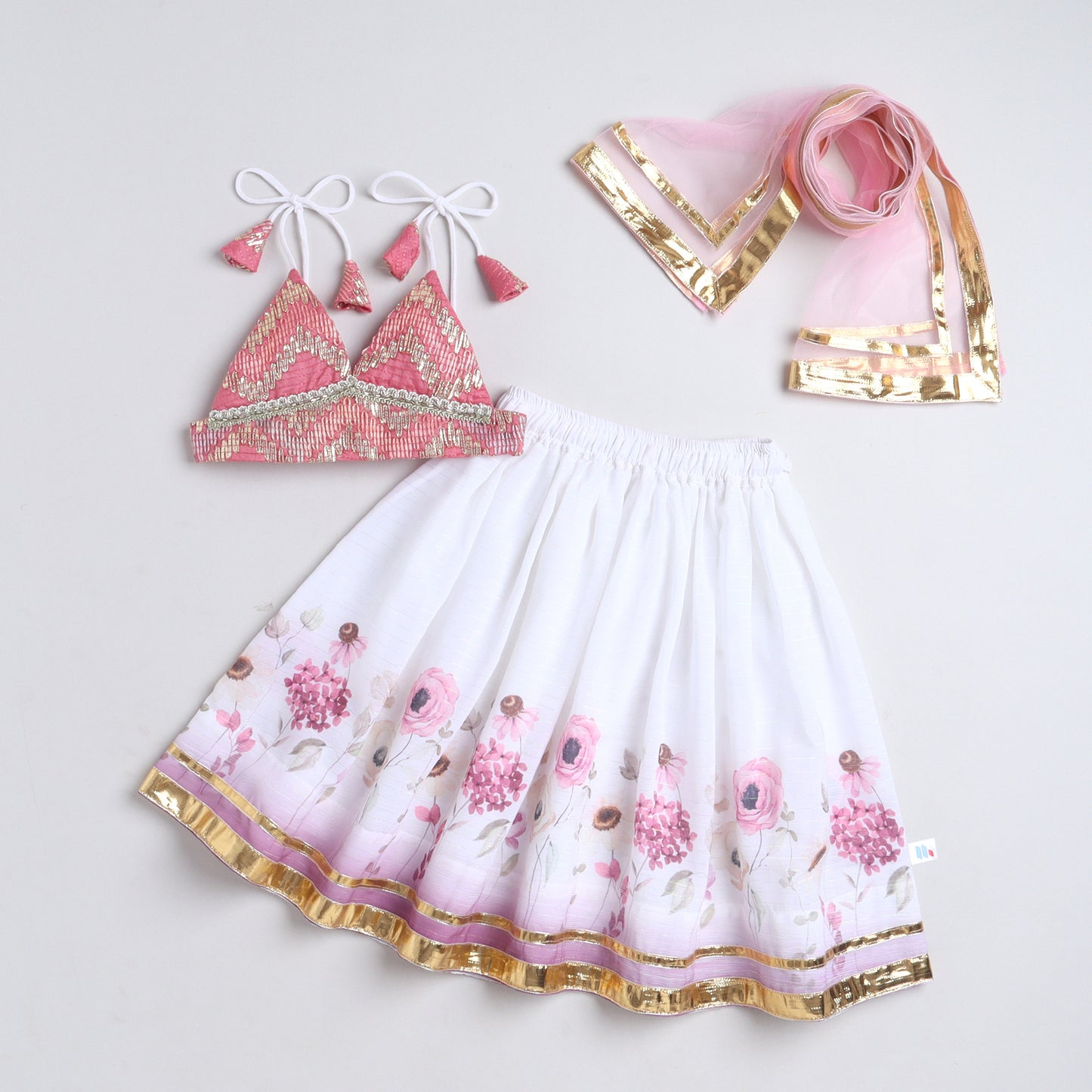 Many Frocks & Georgette Sleeveless Gota Lace Embellished Floral Printed Full Length Lehenga Choli Dupatta Set - Off White & Pink