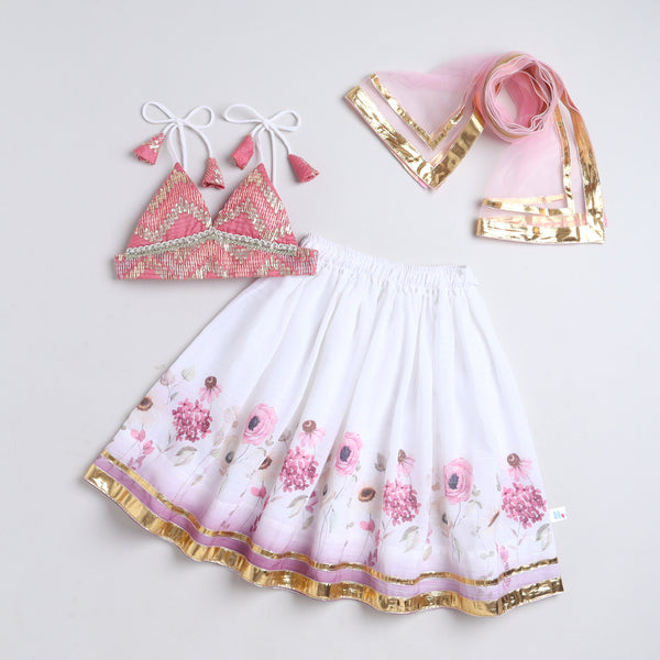 Many Frocks & Georgette Sleeveless Gota Lace Embellished Floral Printed Full Length Lehenga Choli Dupatta Set - Off White & Pink