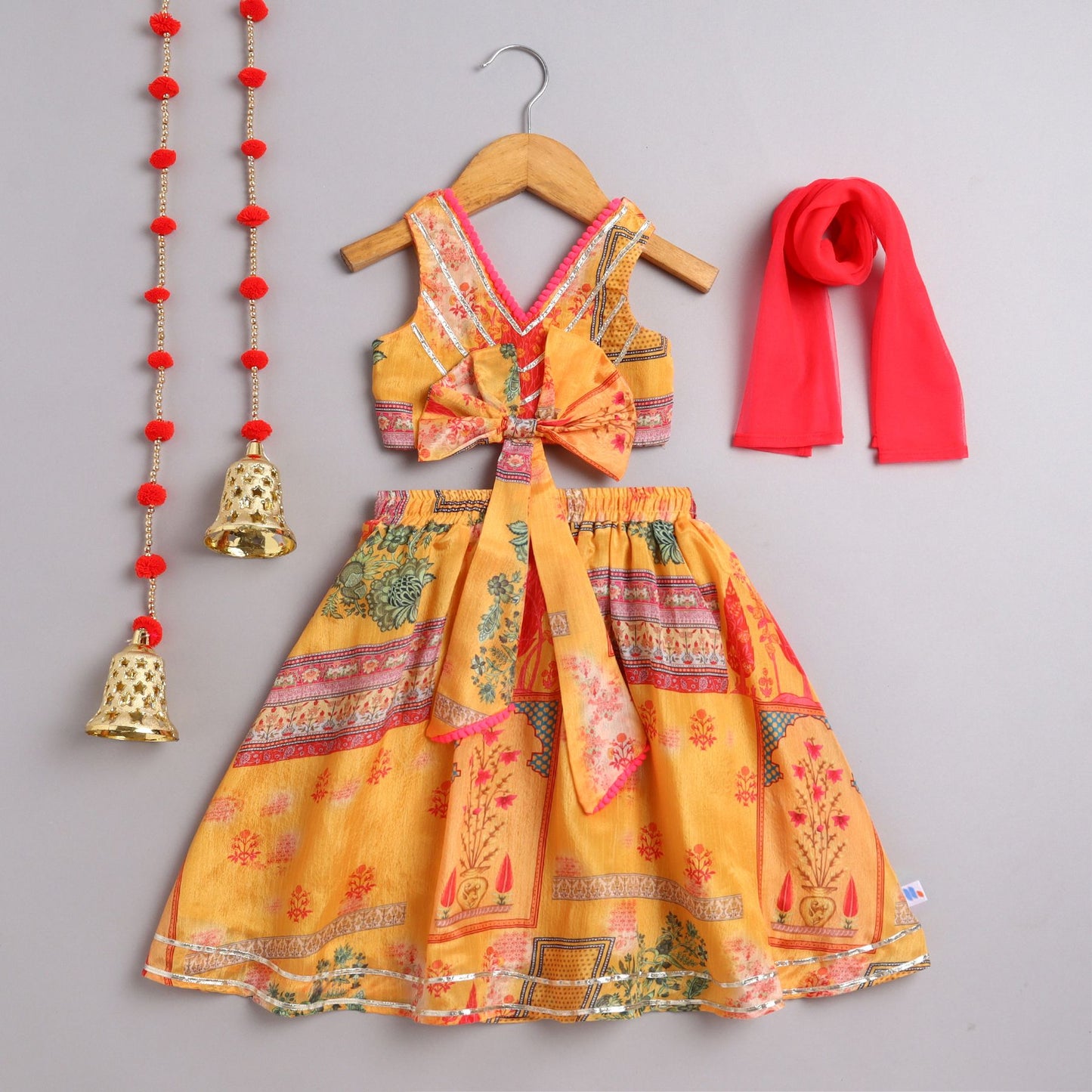 Many Frocks & sleeveless gota patti embellished printed lehenga choli dupatta ethnic set- mustard