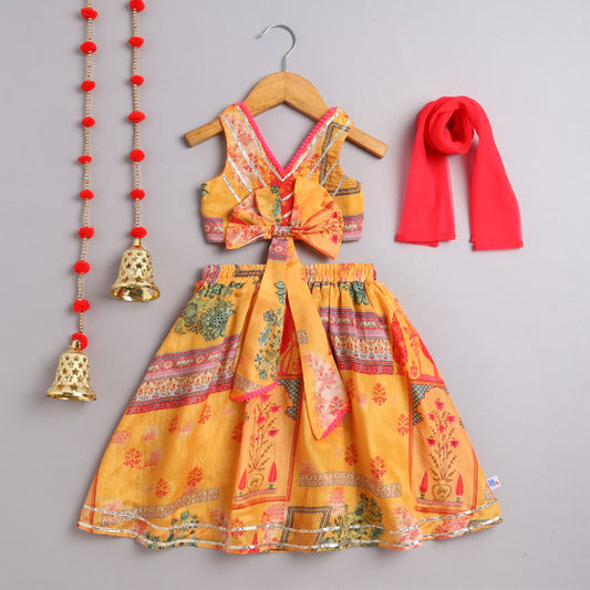 Many Frocks & sleeveless gota patti embellished printed lehenga choli dupatta ethnic set- mustard