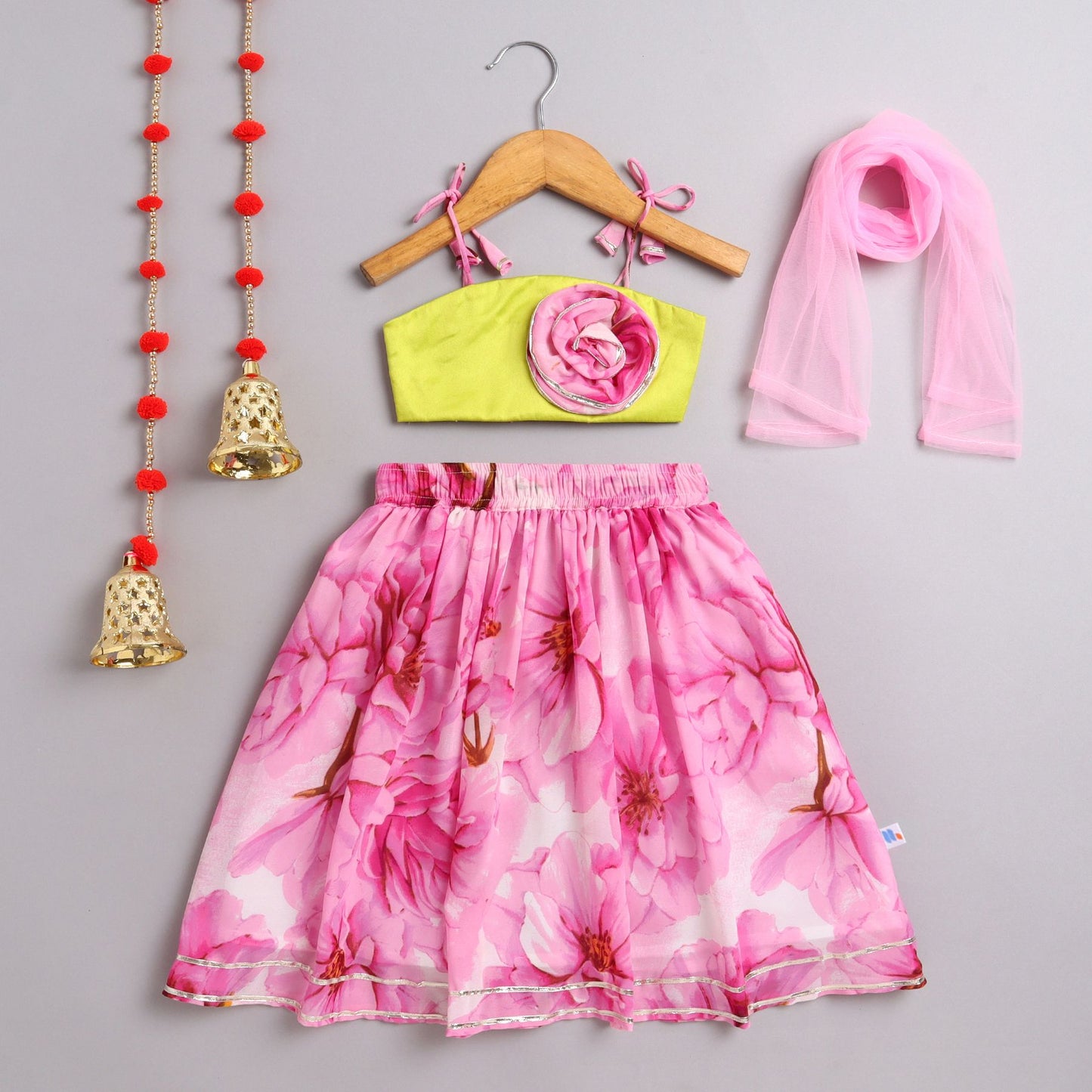 Many Frocks & georgette floral sleeveless 3D flower embellished lehenga choli dupatta set- pink