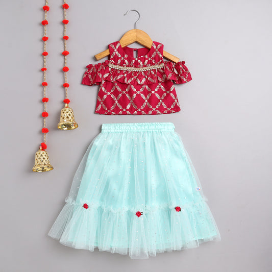 Many Frocks & chanderi and net cold shoulder sleeves flower embellished lehenga choli  set- Pink & Blue