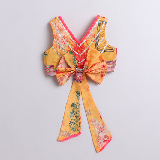 Many Frocks & sleeveless gota patti embellished printed lehenga choli dupatta ethnic set- mustard