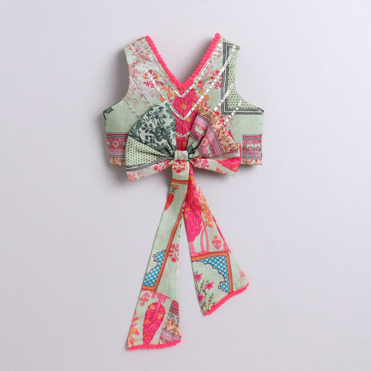 Many Frocks & sleeveless gota patti embellished printed lehenga choli dupatta set- green