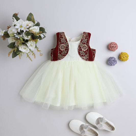 Many Frocks &  net sleeveless velvet embroidered koti  ethnic frock - off white