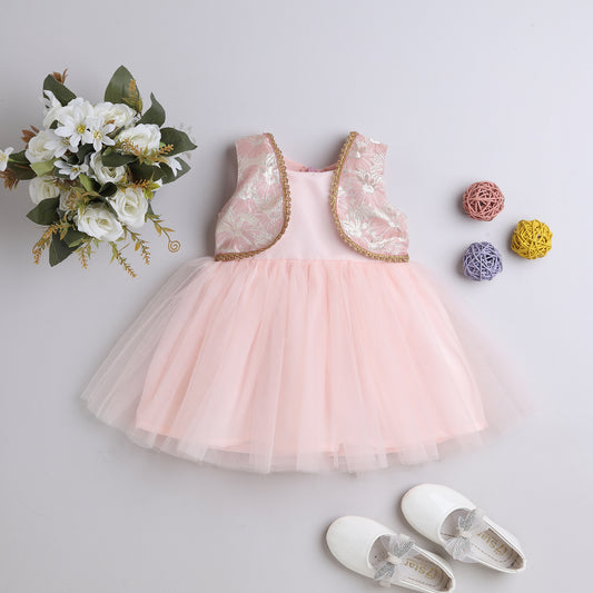 Many Frocks &  net sleeveless brocade koti and lace embellished ethnic frock - Light Peach