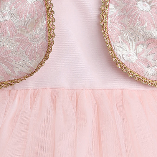 Many Frocks &  net sleeveless brocade koti and lace embellished ethnic frock - Light Peach