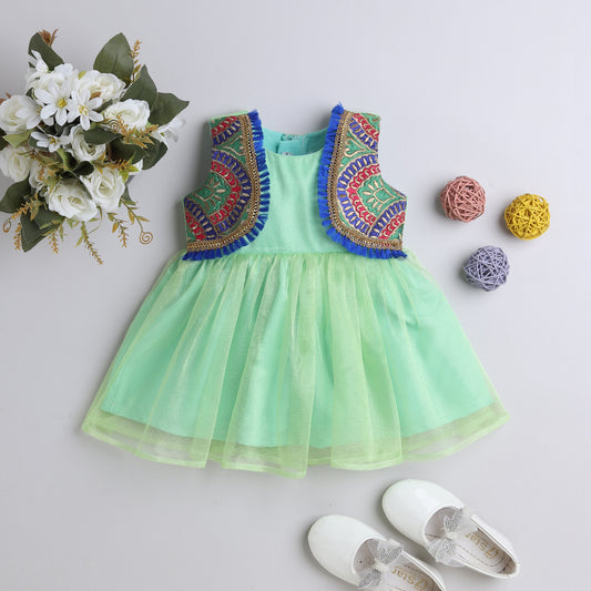 Many Frocks & tissue net sleeveless embroidered koti and lace embellished ethnic frock - Green