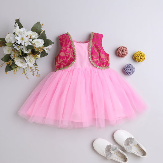 Many Frocks &  net sleeveless brocade koti and lace embellished ethnic frock - Pink