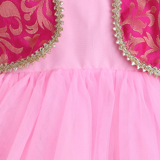 Many Frocks &  net sleeveless brocade koti and lace embellished ethnic frock - Pink