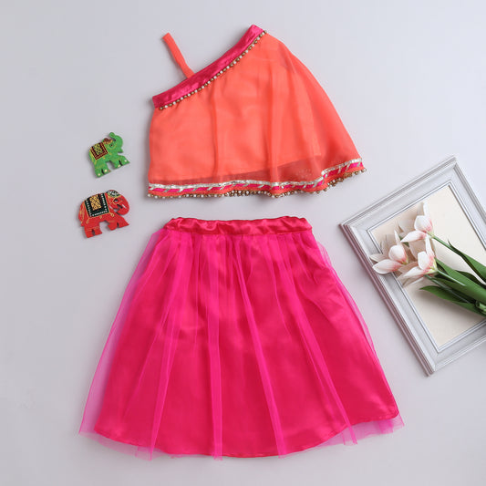 Many Frocks & Sleeveless Net One Shoulder Beaded Choli with Lehenga-Peach
