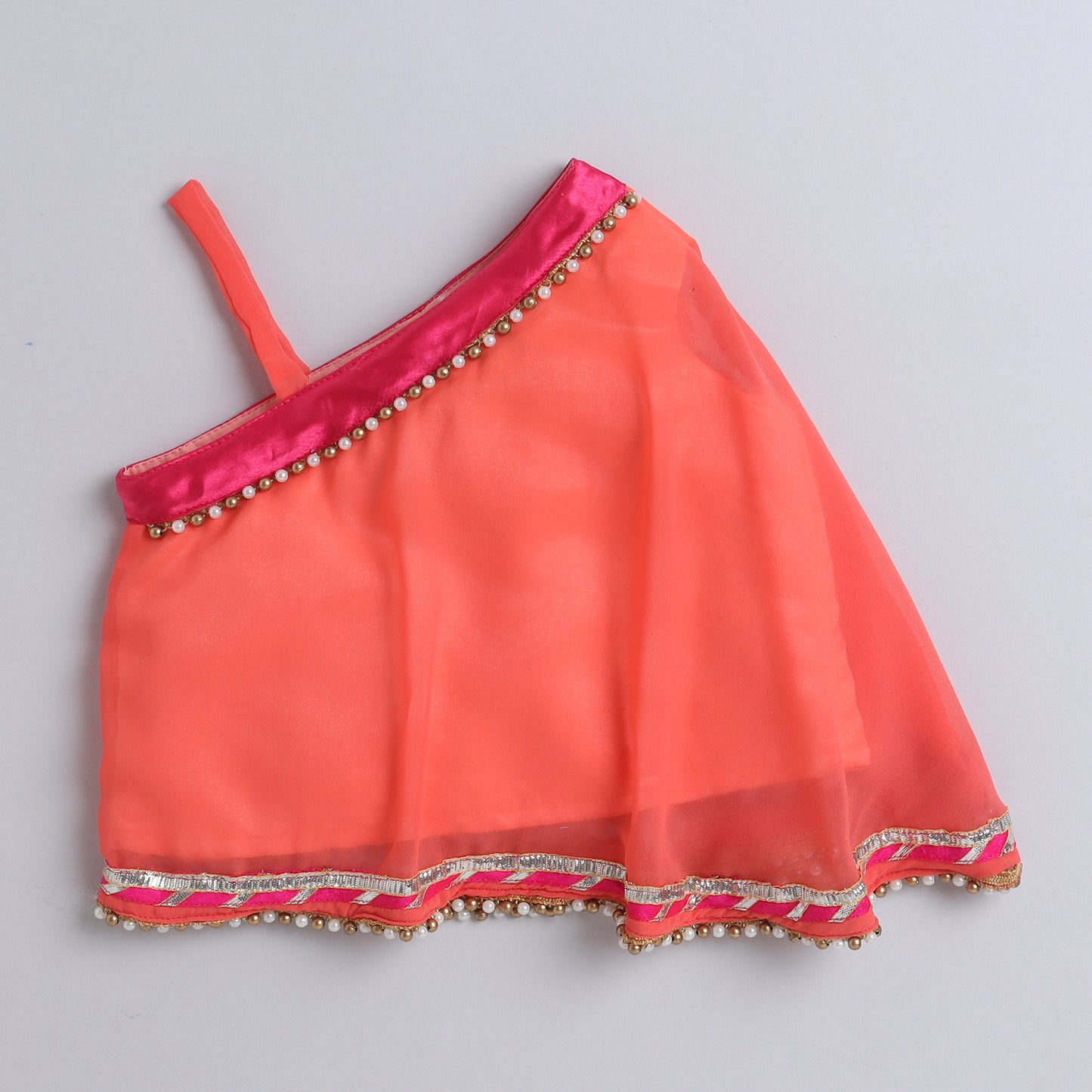 Many Frocks & Sleeveless Net One Shoulder Beaded Choli with Lehenga-Peach