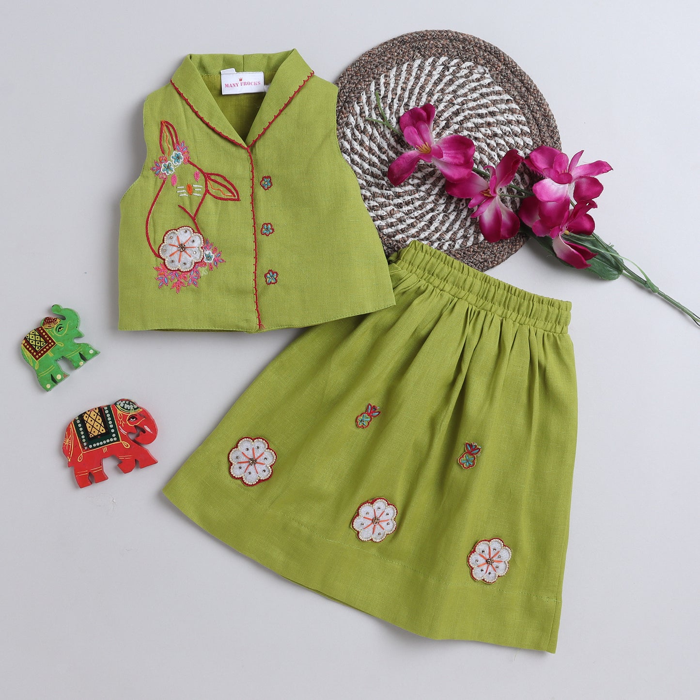 Many Frocks & cotton sleeveless hand embroidered collar choli lengha set - Green