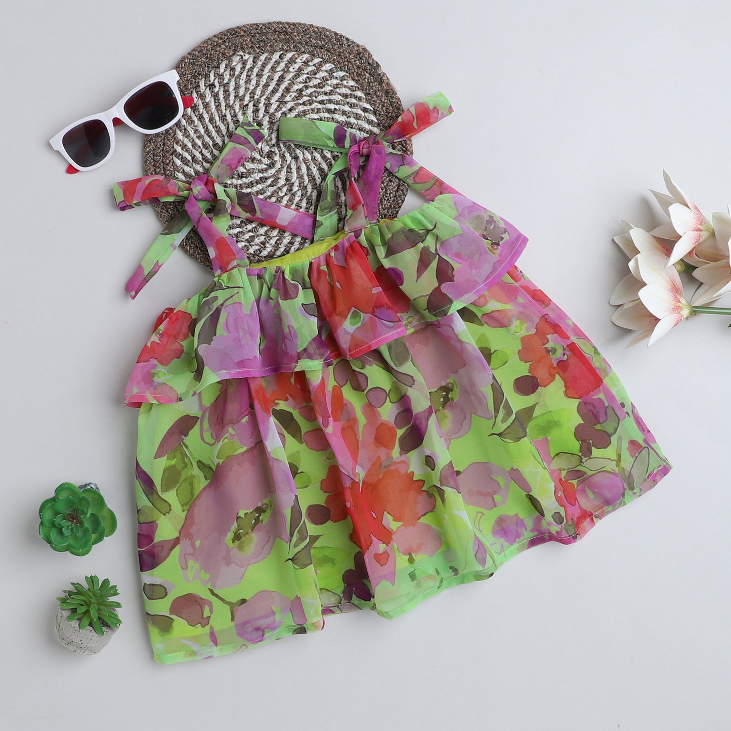 Many Frocks & gorgette  Sleeveless  knee length tie up floral printed baby casual dress-Green