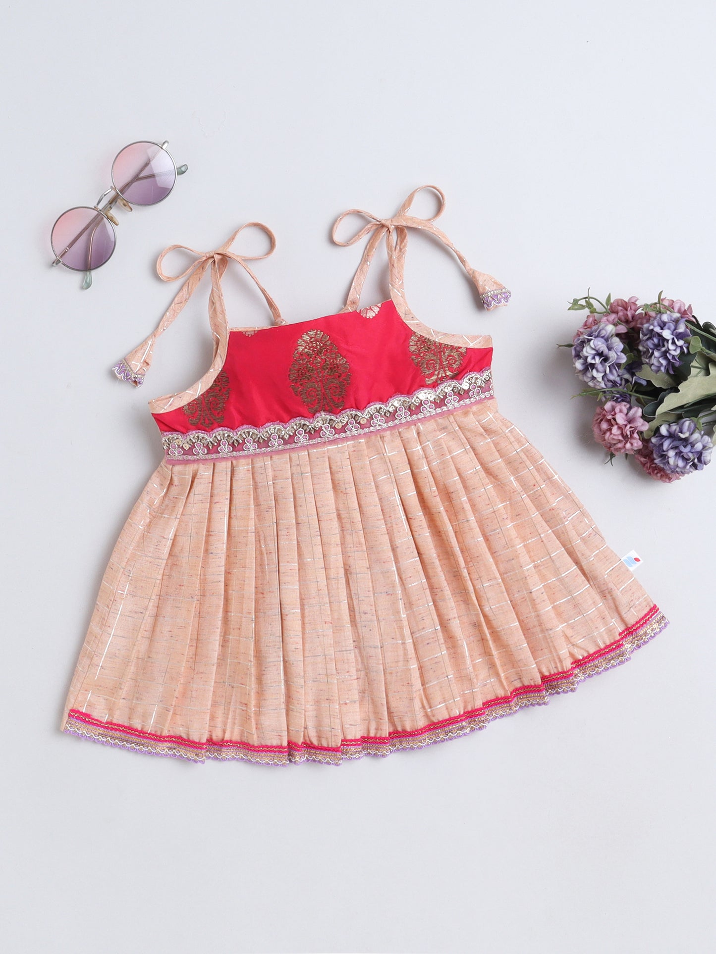 Many Frocks & Chanderi Sleeveless Lace Embellished Knee Length Flared Baby Girls Jhabla Ethnic Dress - Peach & Pink