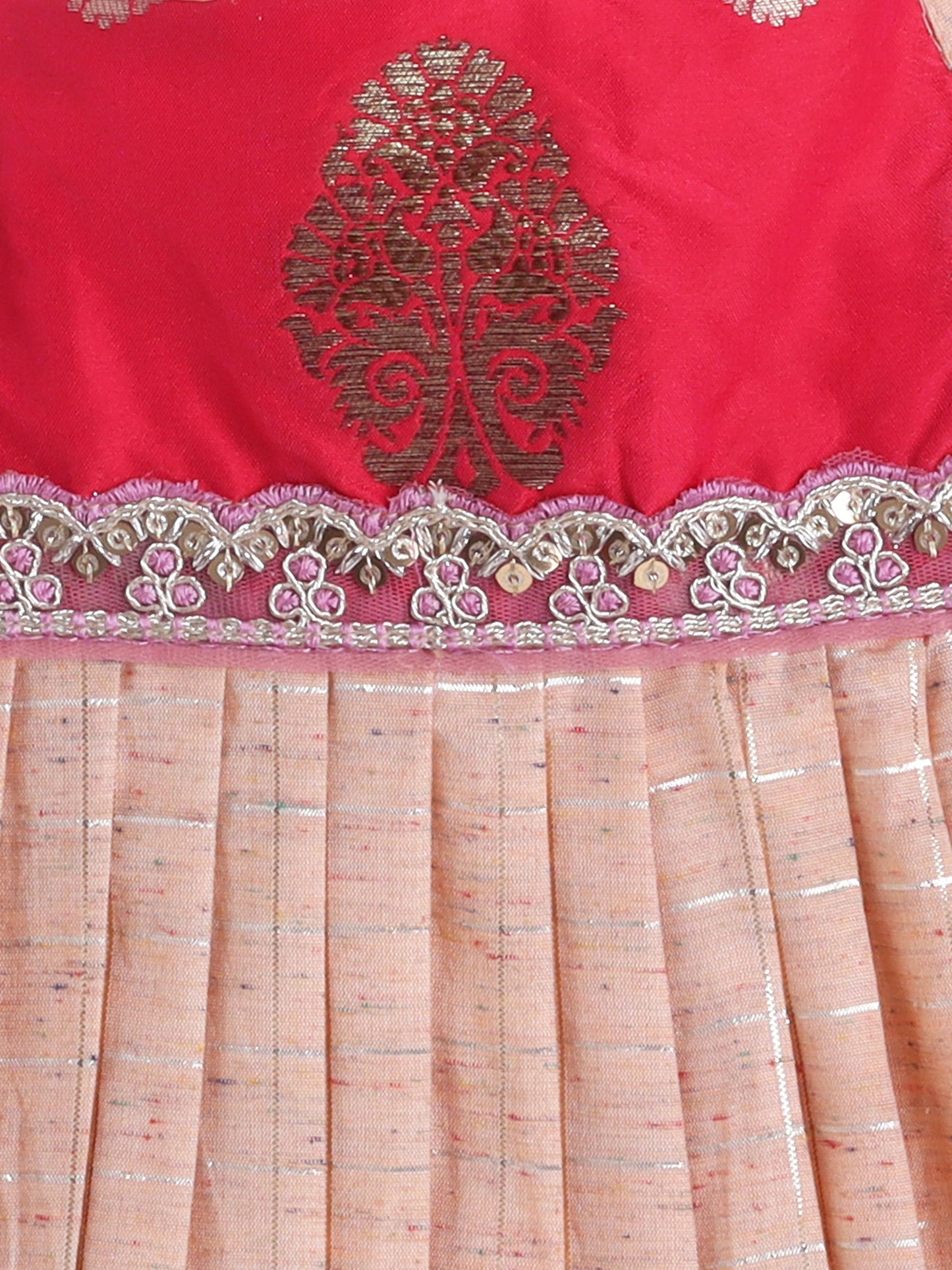 Many Frocks & Chanderi Sleeveless Lace Embellished Knee Length Flared Baby Girls Jhabla Ethnic Dress - Peach & Pink