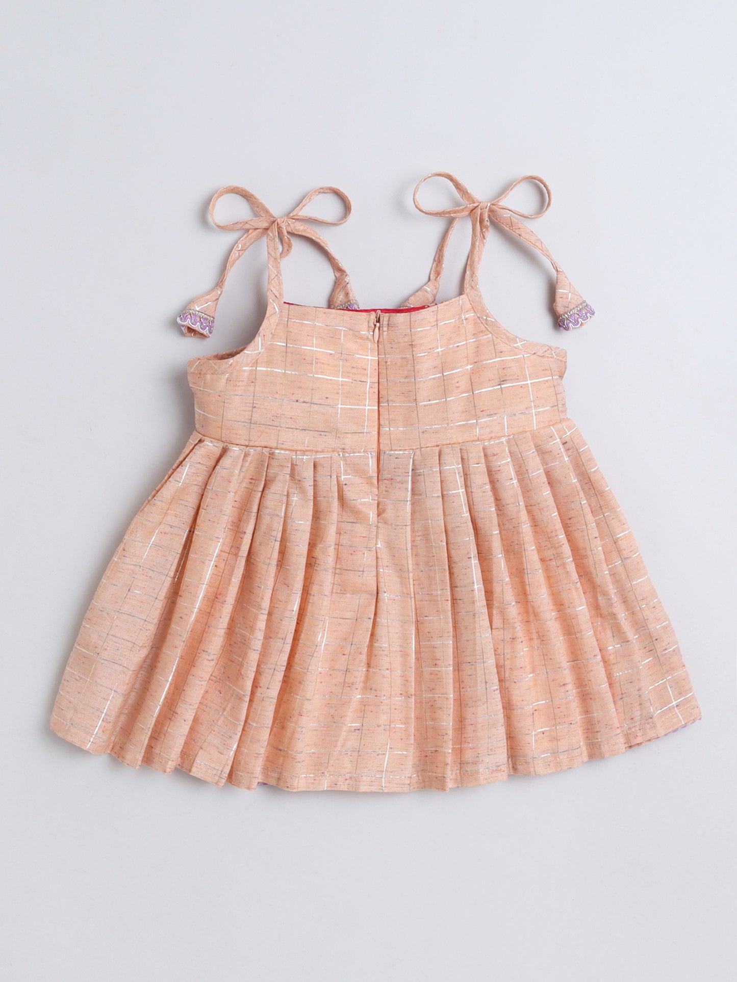 Many Frocks & Chanderi Sleeveless Lace Embellished Knee Length Flared Baby Girls Jhabla Ethnic Dress - Peach & Pink