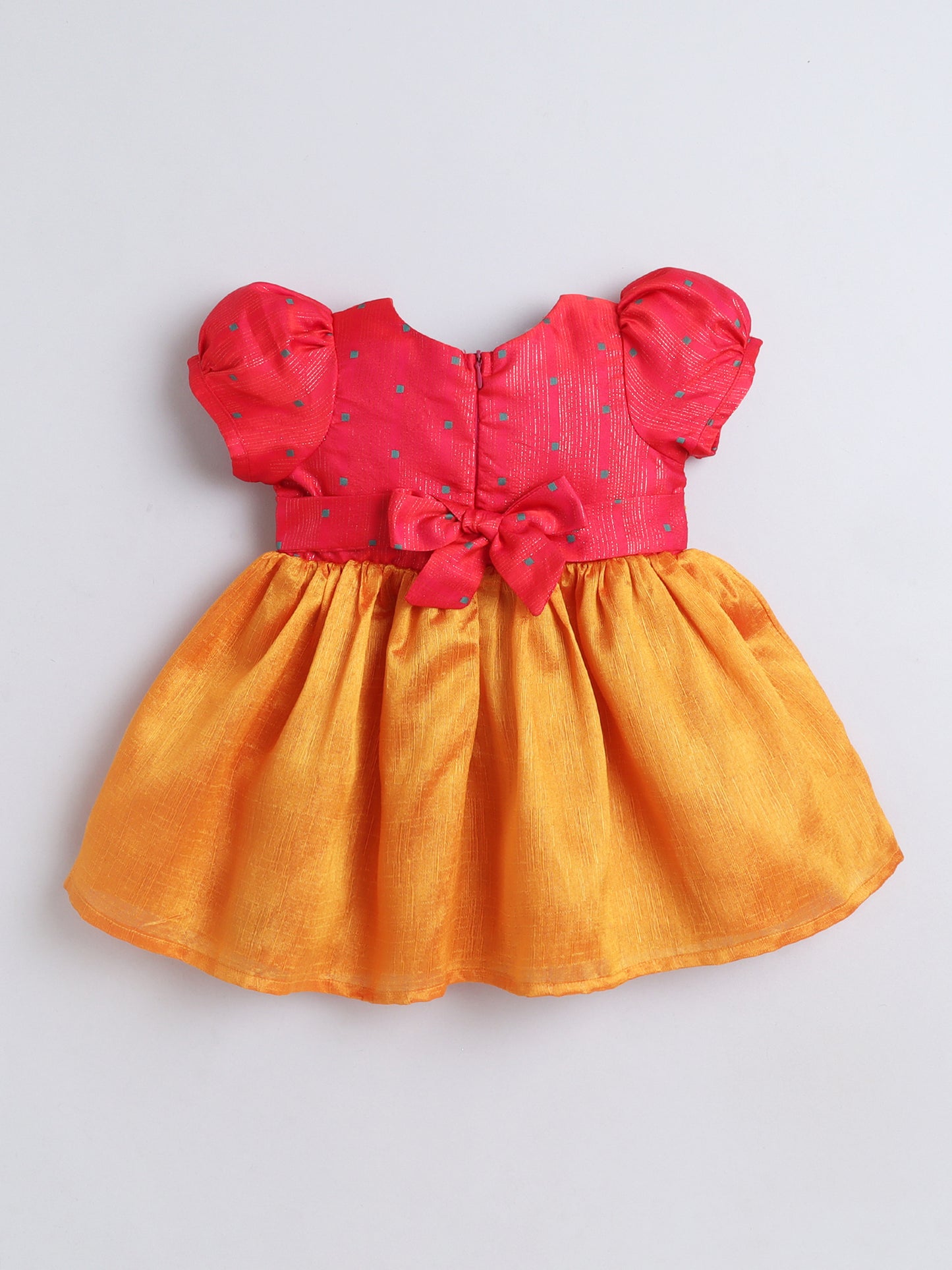 Many Frocks & Dupion woven Puff Sleeves Lace Embellished Knee Length Flared Baby Girls Ethnic Dress - Yellow & Pink