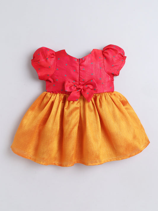 Many Frocks & Dupion woven Puff Sleeves Lace Embellished Knee Length Flared Baby Girls Ethnic Dress - Yellow & Pink