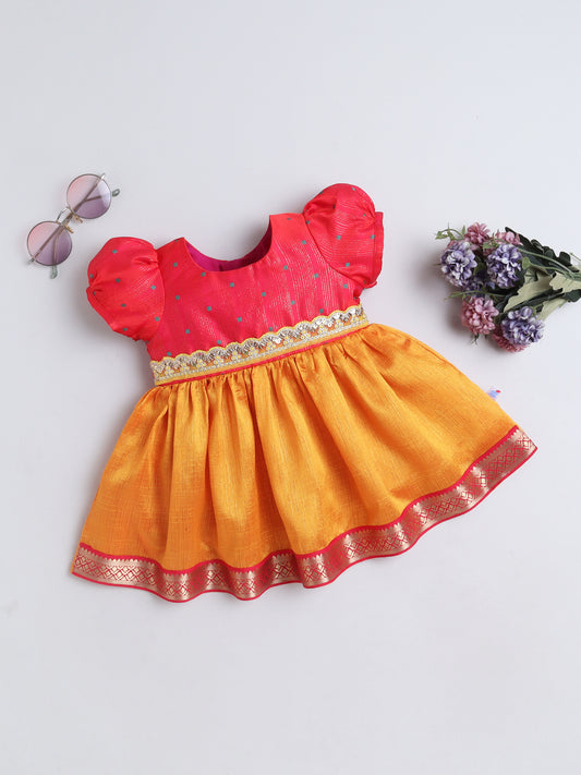 Many Frocks & Dupion woven Puff Sleeves Lace Embellished Knee Length Flared Baby Girls Ethnic Dress - Yellow & Pink
