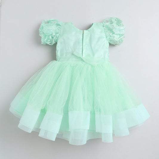 Many Frocks bead embellished girls layered knee length party dress- Green