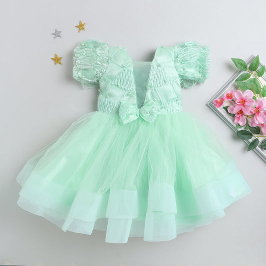 Many Frocks bead embellished girls layered knee length party dress- Green