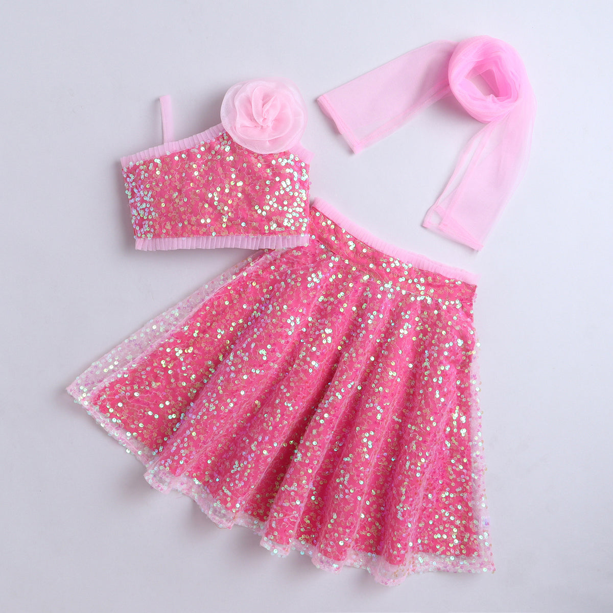 Many Frocks & Sequine Net Sleeveless 3D Flower Embellished  Full Length Girl Ethnic Lehenga Choli Dupatta Set - Pink