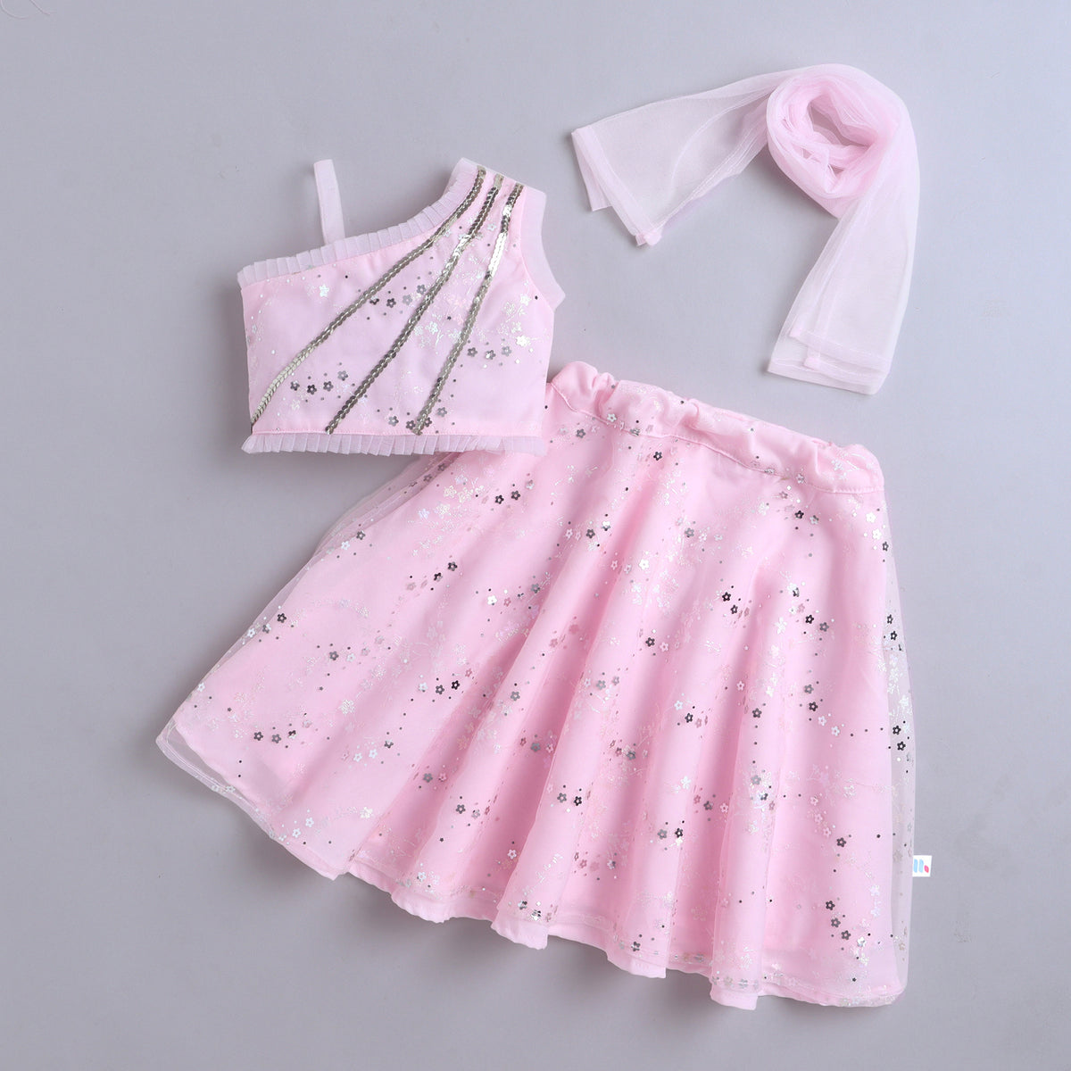 Many Frocks & Sequine Net Sleeveless Lace Embellished  Full Length Girl Ethnic Lehenga Choli Dupatta Set - Baby Pink