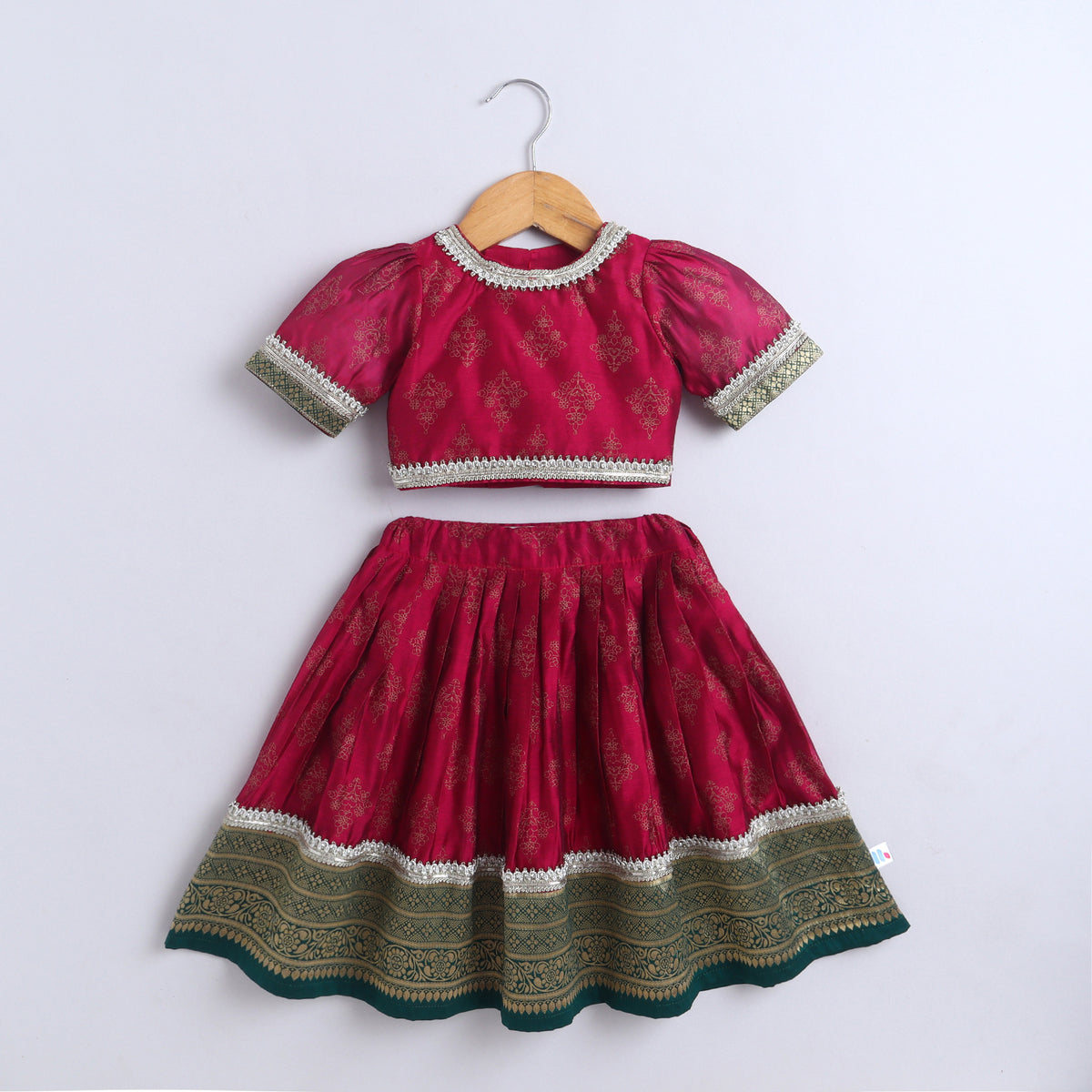 Many Frocks & Chanderi & Banarasi Short Sleeves Lace Embellished Full Length Girl Ethnic Lehenga Choli Set - Maroon & Green