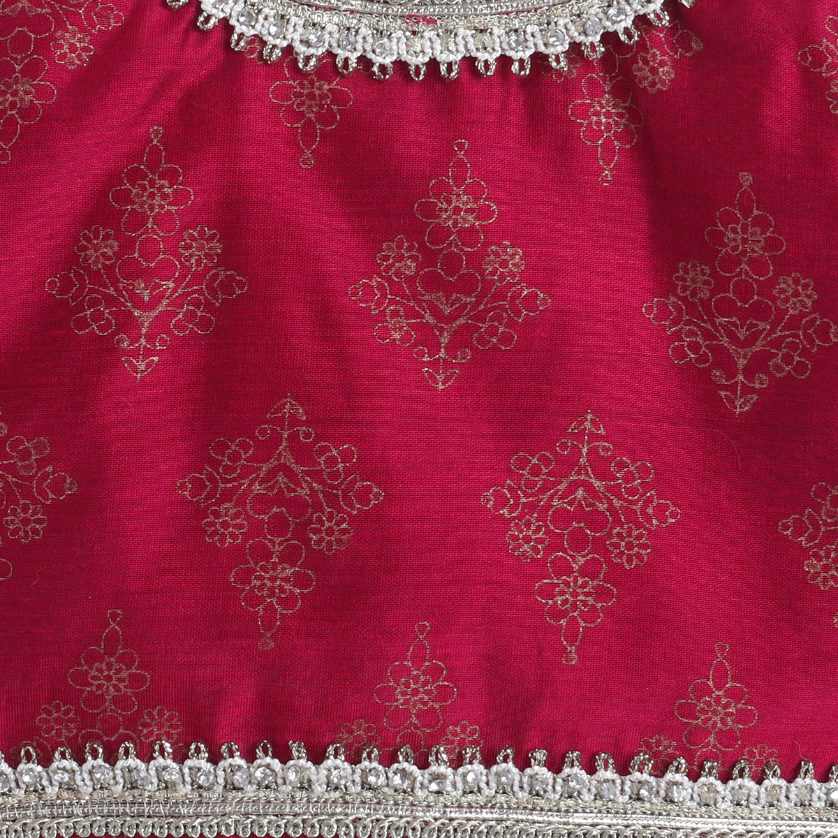 Many Frocks & Chanderi & Banarasi Short Sleeves Lace Embellished Full Length Girl Ethnic Lehenga Choli Set - Maroon & Green