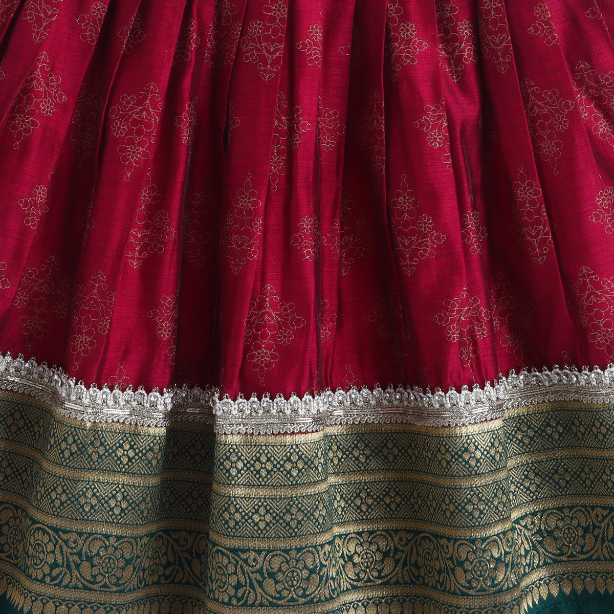 Many Frocks & Chanderi & Banarasi Short Sleeves Lace Embellished Full Length Girl Ethnic Lehenga Choli Set - Maroon & Green