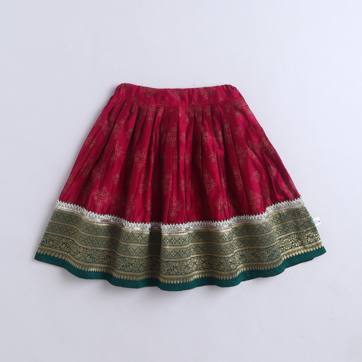 Many Frocks & Chanderi & Banarasi Short Sleeves Lace Embellished Full Length Girl Ethnic Lehenga Choli Set - Maroon & Green
