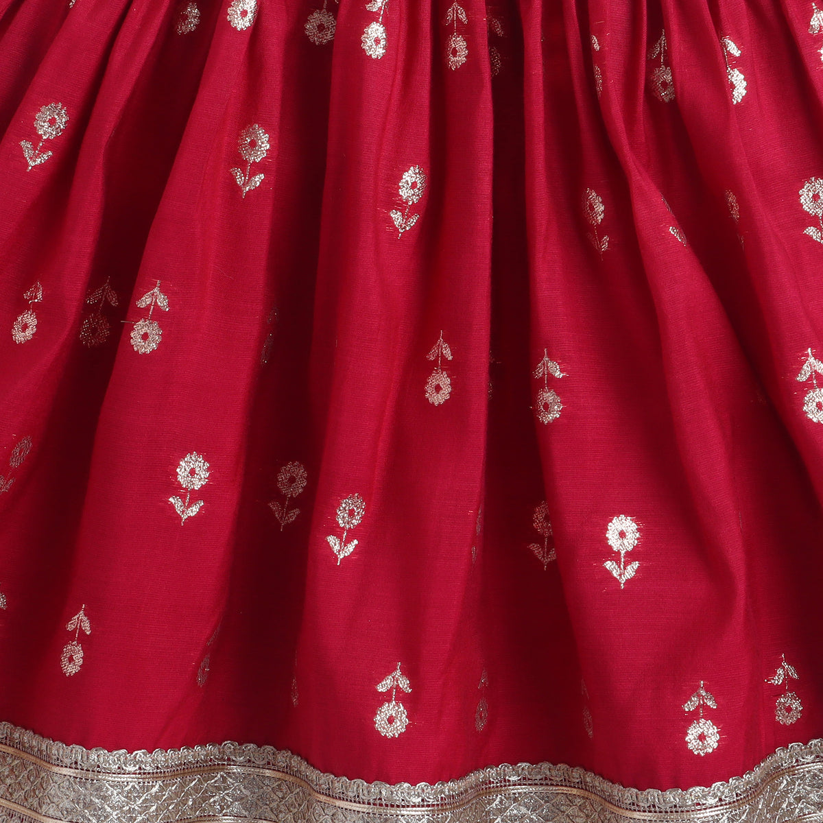 Many Frocks & Handloom Cotton Short Sleeves Lace Embellished Full Length  Ethnic Lehenga Choli Set - Maroon