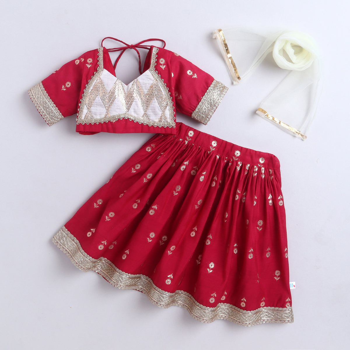 Many Frocks & Handloom Cotton Short Sleeves Lace Embellished Full Length  Ethnic Lehenga Choli Set - Maroon